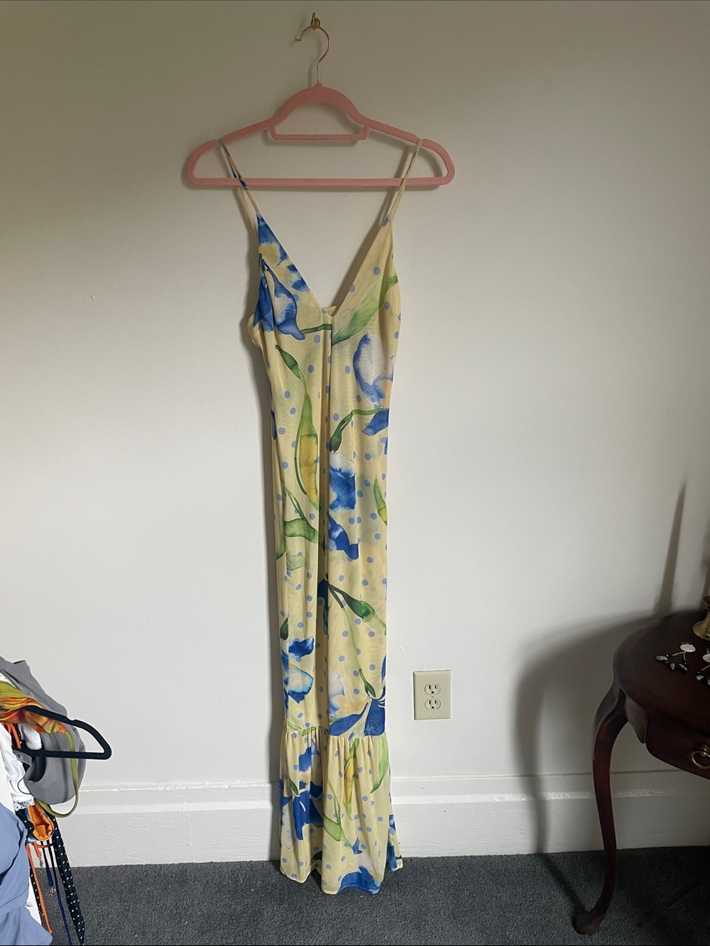 RESA Yellow Slip Dress with Blue Floral Print